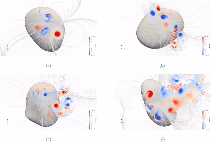 Four views of bubble surfaces and coloured flow structures in a confined bubble column.