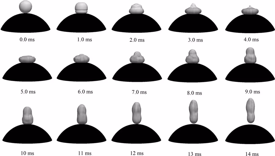 Simulated droplet impact, spreading, recoil and lift-off from a heated spherical particle over time.