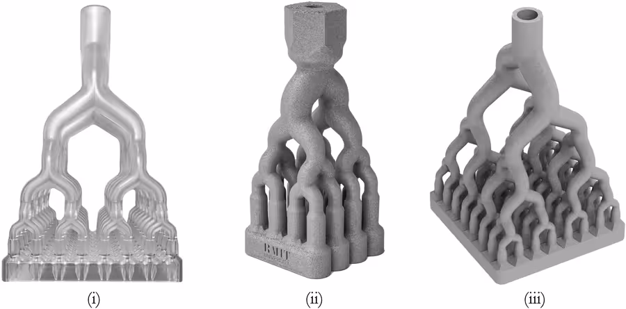Three manufactured branching flow distributors with different internal geometries.
